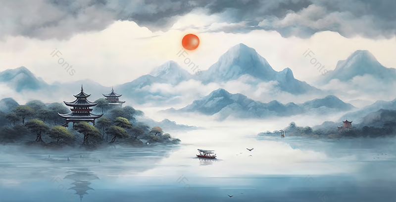 唯美中国风楼亭意境山水画手绘插画水墨画背景,插画/手绘图,插画/手绘图库,插画/手绘图下载,插画/手绘